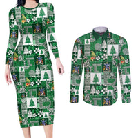 Norfolk Island Meri Krismas Couples Matching Long Sleeve Bodycon Dress and Long Sleeve Button Shirt Pacific Patchwork Xmas Vibes - Polynesian Pride