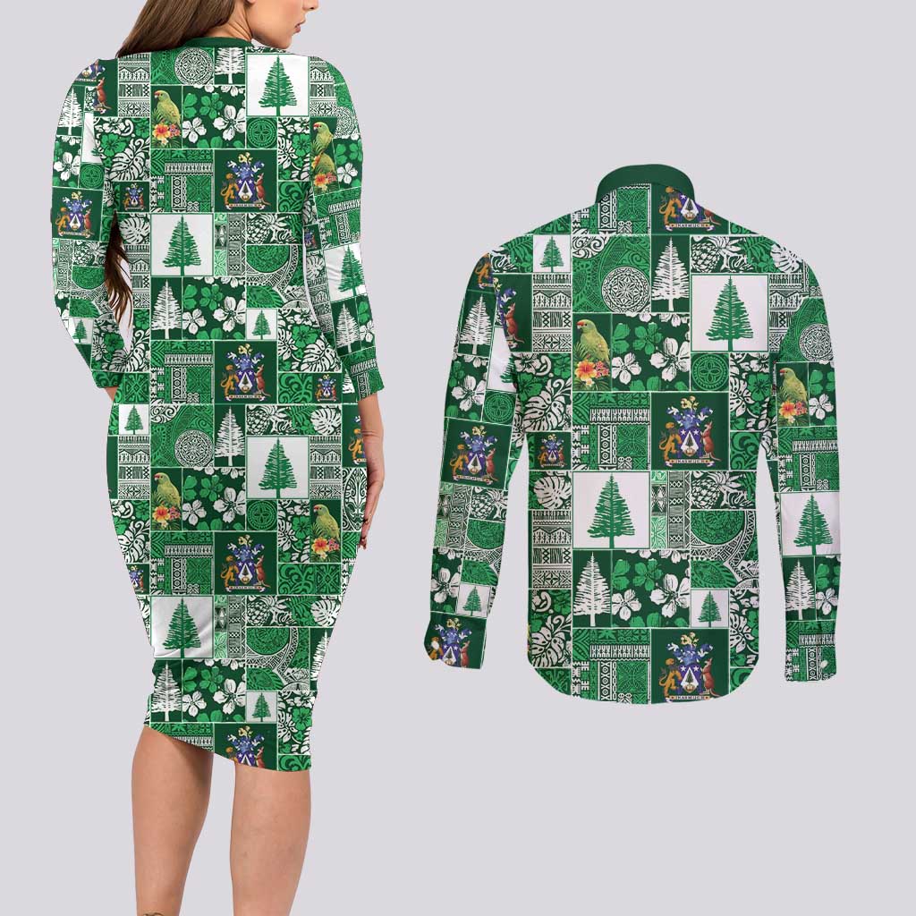 Norfolk Island Meri Krismas Couples Matching Long Sleeve Bodycon Dress and Long Sleeve Button Shirt Pacific Patchwork Xmas Vibes - Polynesian Pride