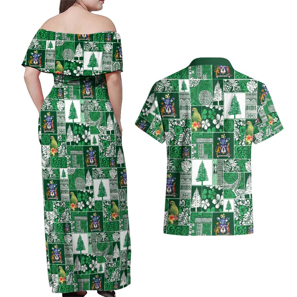 Norfolk Island Meri Krismas Couples Matching Off Shoulder Maxi Dress and Hawaiian Shirt Pacific Patchwork Xmas Vibes - Polynesian Pride