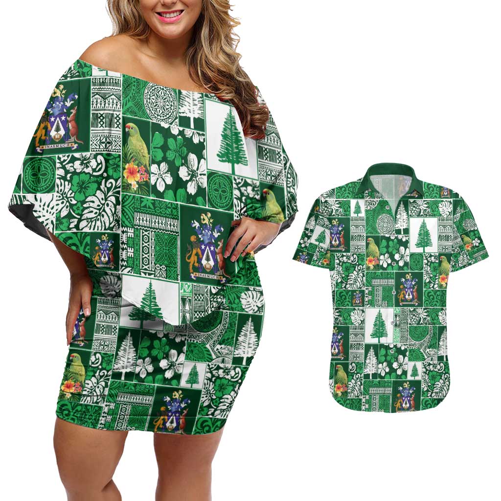 Norfolk Island Meri Krismas Couples Matching Off Shoulder Short Dress and Hawaiian Shirt Pacific Patchwork Xmas Vibes - Polynesian Pride