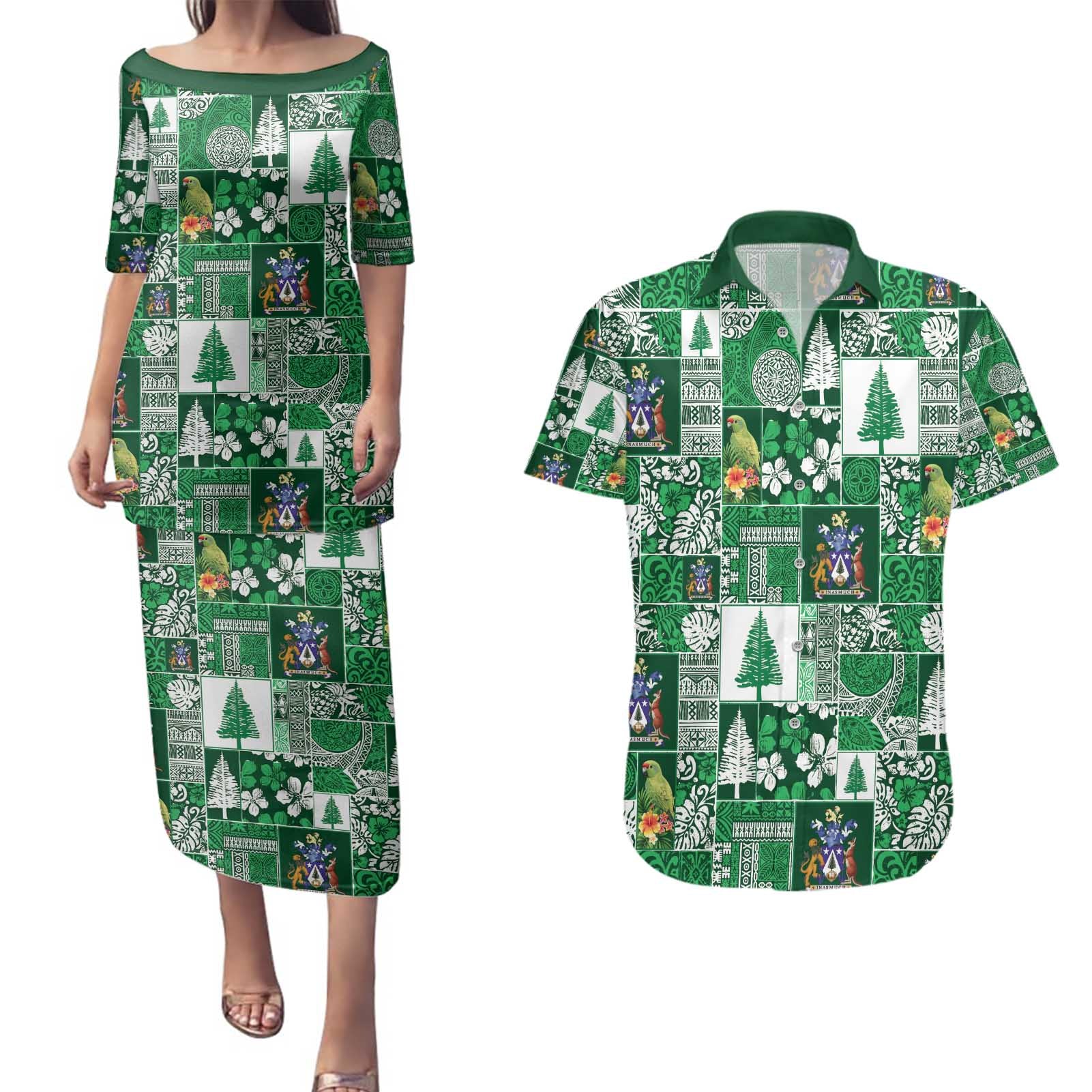 Norfolk Island Meri Krismas Couples Matching Puletasi and Hawaiian Shirt Pacific Patchwork Xmas Vibes - Polynesian Pride
