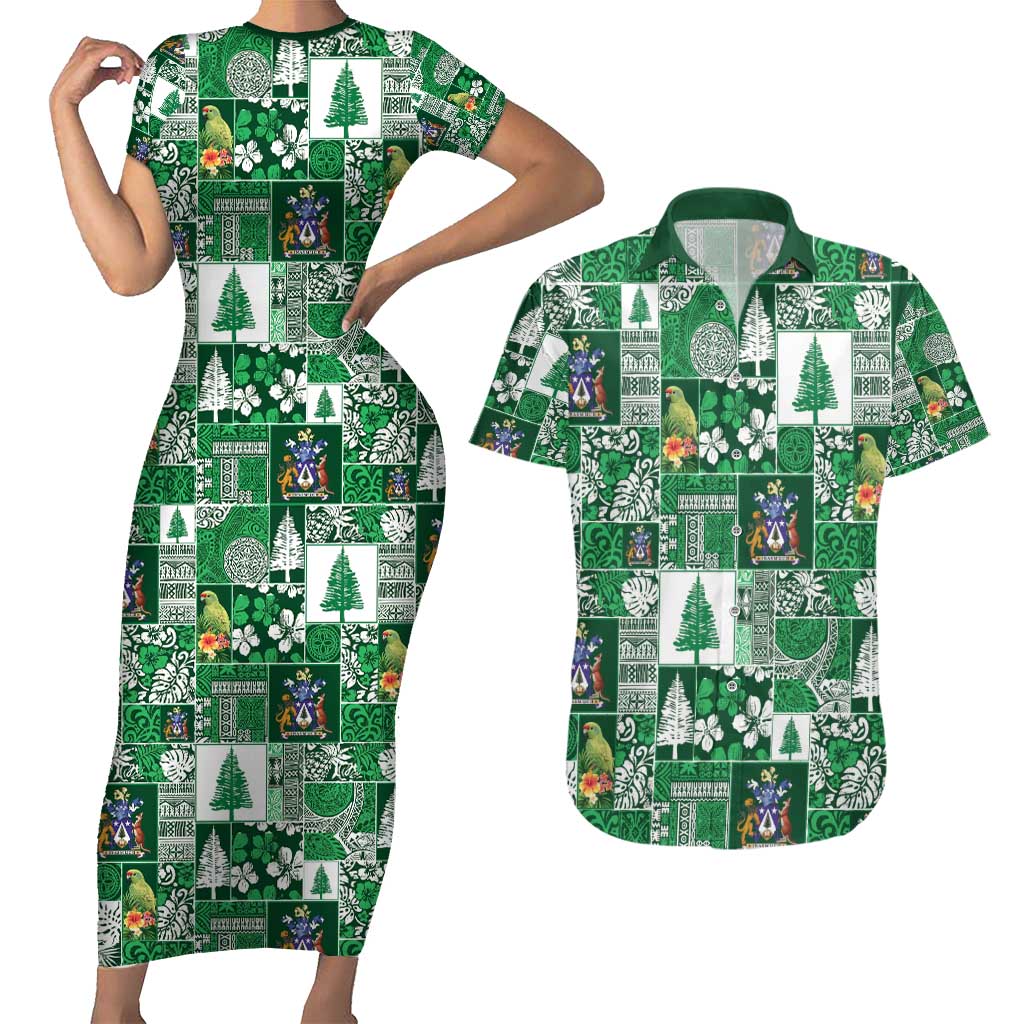 Norfolk Island Meri Krismas Couples Matching Short Sleeve Bodycon Dress and Hawaiian Shirt Pacific Patchwork Xmas Vibes - Polynesian Pride