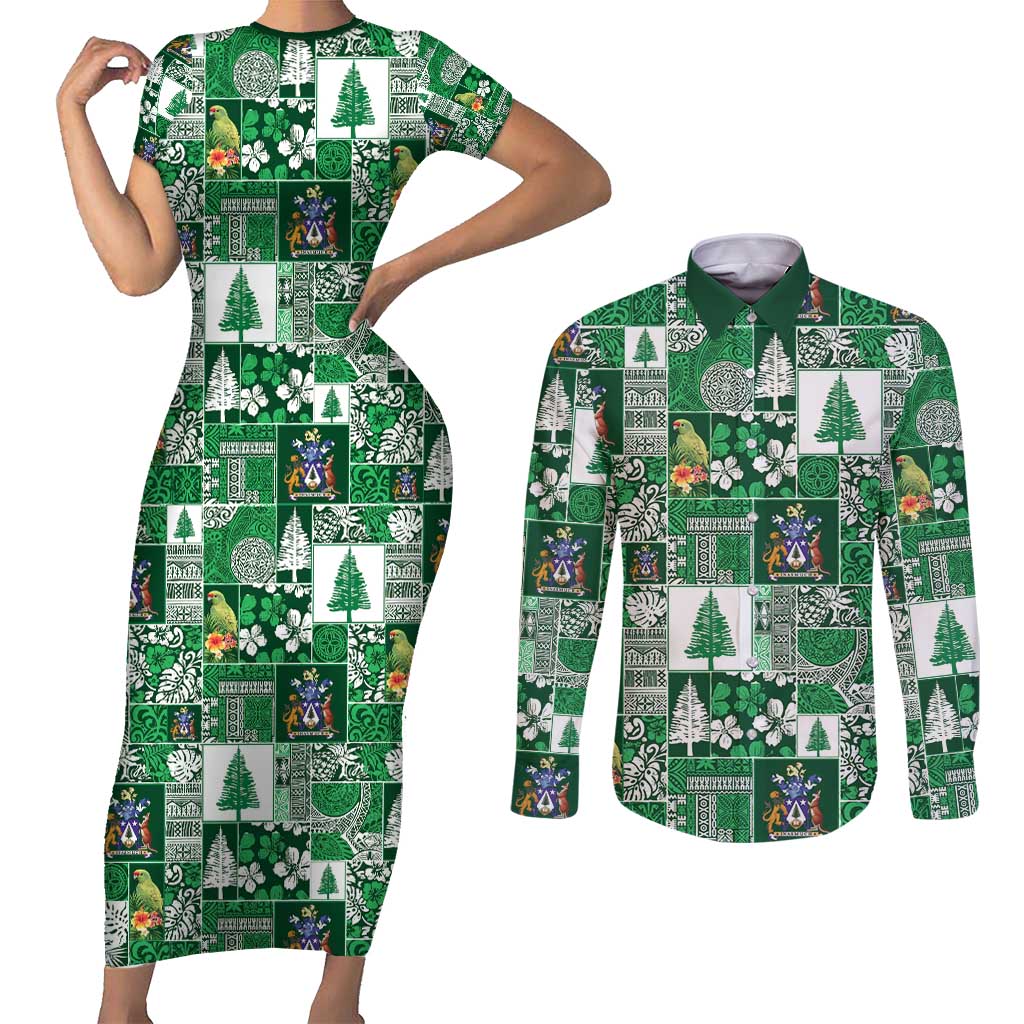 Norfolk Island Meri Krismas Couples Matching Short Sleeve Bodycon Dress and Long Sleeve Button Shirt Pacific Patchwork Xmas Vibes - Polynesian Pride