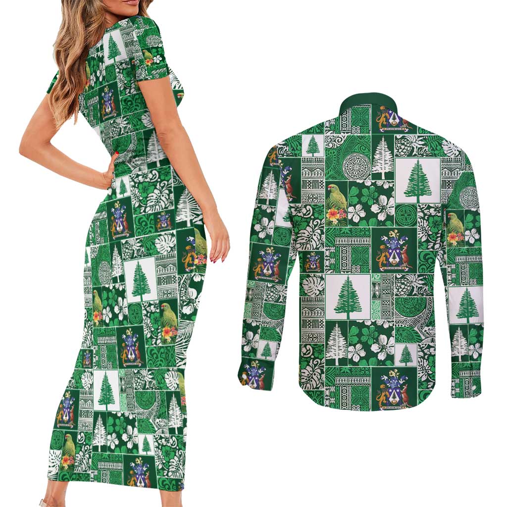 Norfolk Island Meri Krismas Couples Matching Short Sleeve Bodycon Dress and Long Sleeve Button Shirt Pacific Patchwork Xmas Vibes - Polynesian Pride