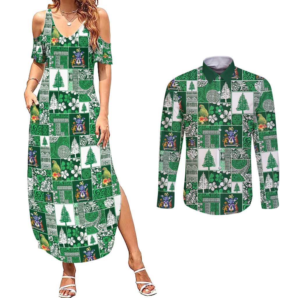 Norfolk Island Meri Krismas Couples Matching Summer Maxi Dress and Long Sleeve Button Shirt Pacific Patchwork Xmas Vibes - Polynesian Pride