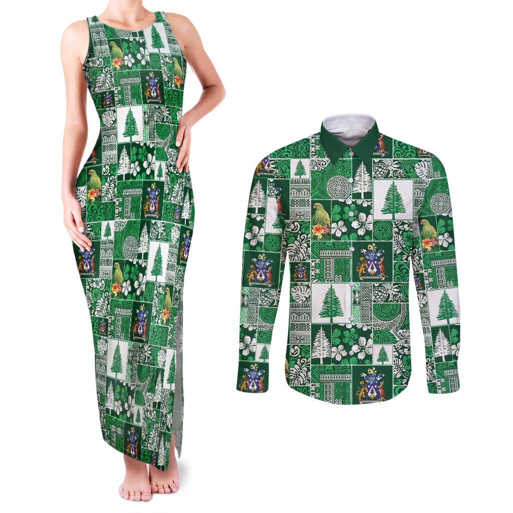 Norfolk Island Meri Krismas Couples Matching Tank Maxi Dress and Long Sleeve Button Shirt Pacific Patchwork Xmas Vibes - Polynesian Pride