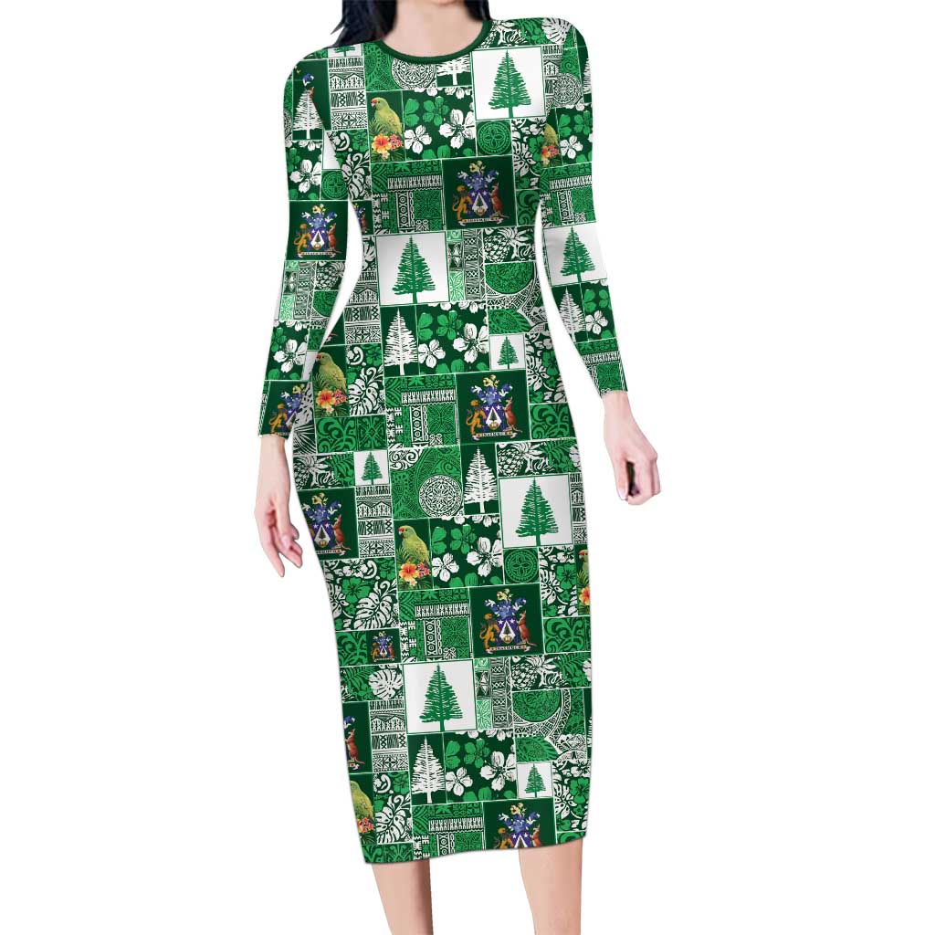 Norfolk Island Meri Krismas Family Matching Long Sleeve Bodycon Dress and Hawaiian Shirt Pacific Patchwork Xmas Vibes - Polynesian Pride
