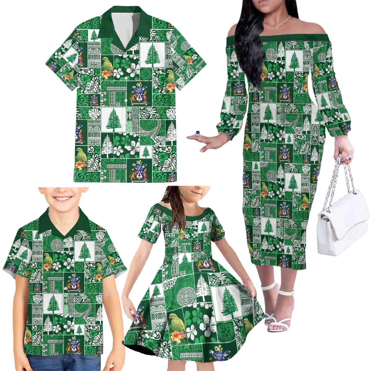Norfolk Island Meri Krismas Family Matching Off The Shoulder Long Sleeve Dress and Hawaiian Shirt Pacific Patchwork Xmas Vibes - Polynesian Pride