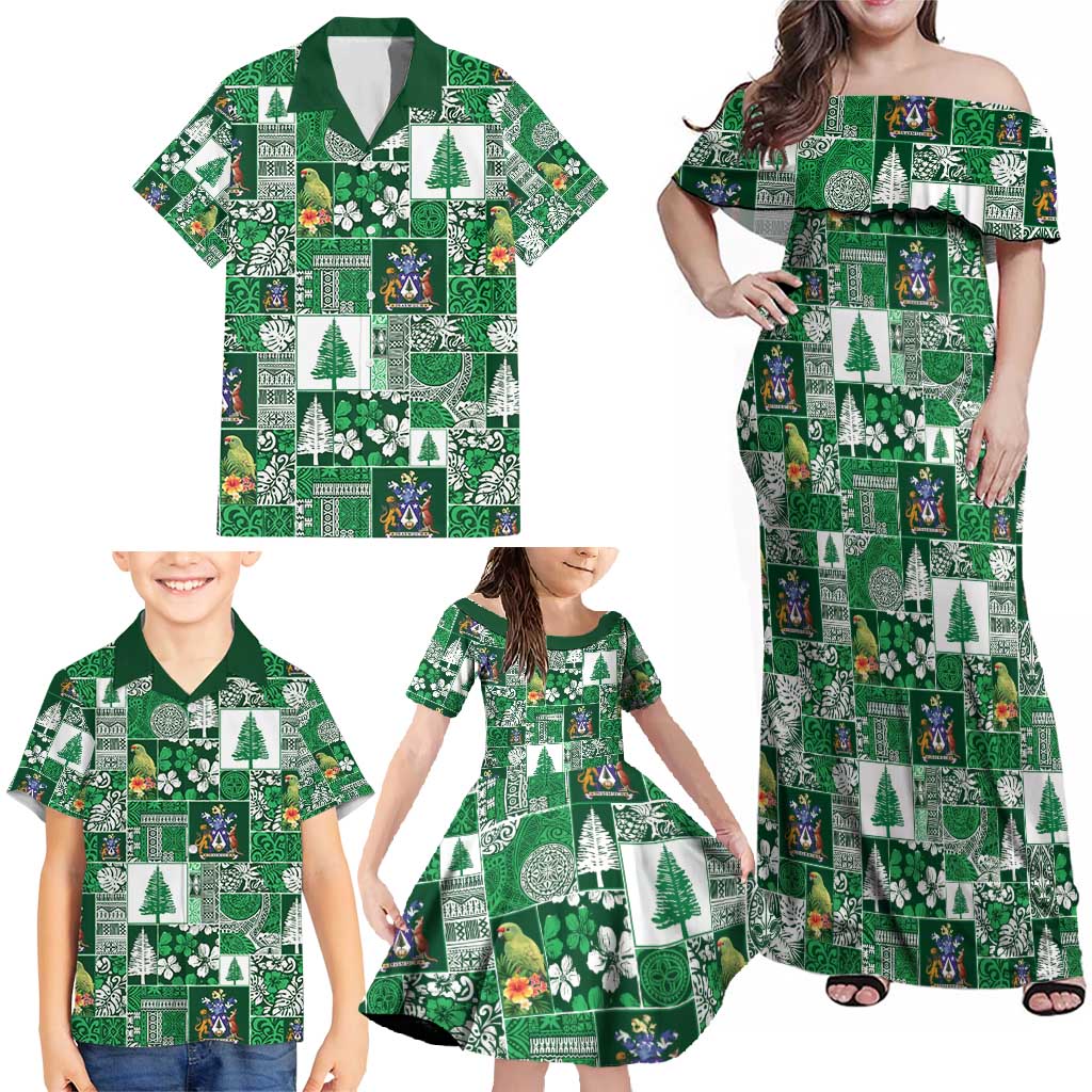 Norfolk Island Meri Krismas Family Matching Off Shoulder Maxi Dress and Hawaiian Shirt Pacific Patchwork Xmas Vibes - Polynesian Pride