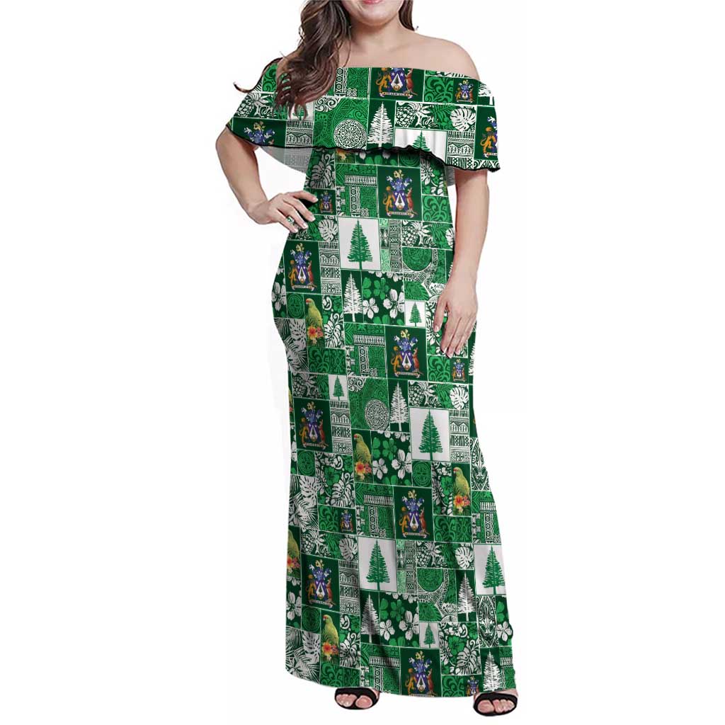 Norfolk Island Meri Krismas Family Matching Off Shoulder Maxi Dress and Hawaiian Shirt Pacific Patchwork Xmas Vibes - Polynesian Pride