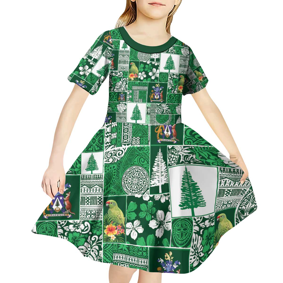 Norfolk Island Meri Krismas Kid Short Sleeve Dress Pacific Patchwork Xmas Vibes - Polynesian Pride