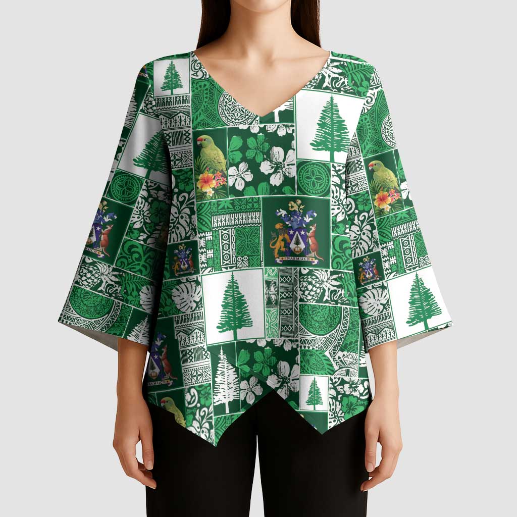 Norfolk Island Meri Krismas Kimono Sleeve Blouse Pacific Patchwork Xmas Vibes - Polynesian Pride