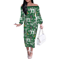 Norfolk Island Meri Krismas Off The Shoulder Long Sleeve Dress Pacific Patchwork Xmas Vibes LT9 Women Green - Polynesian Pride