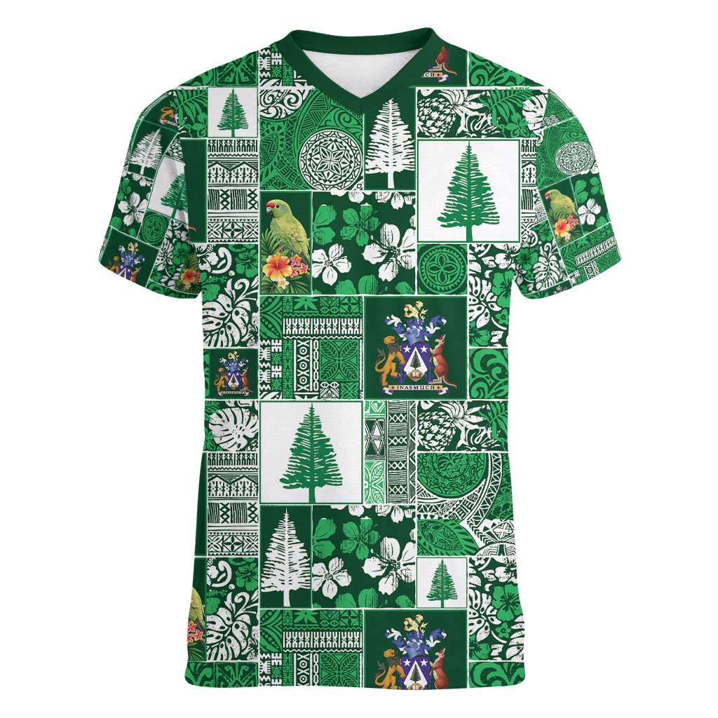 Norfolk Island Meri Krismas Women V-Neck T-Shirt Pacific Patchwork Xmas Vibes - Polynesian Pride