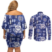 Northern Mariana Islands Magof Nochebuena Couples Matching Off Shoulder Short Dress and Long Sleeve Button Shirt Pacific Patchwork Xmas Vibes - Polynesian Pride