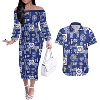 Northern Mariana Islands Magof Nochebuena Couples Matching Off The Shoulder Long Sleeve Dress and Hawaiian Shirt Pacific Patchwork Xmas Vibes - Polynesian Pride