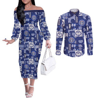 Northern Mariana Islands Magof Nochebuena Couples Matching Off The Shoulder Long Sleeve Dress and Long Sleeve Button Shirt Pacific Patchwork Xmas Vibes - Polynesian Pride