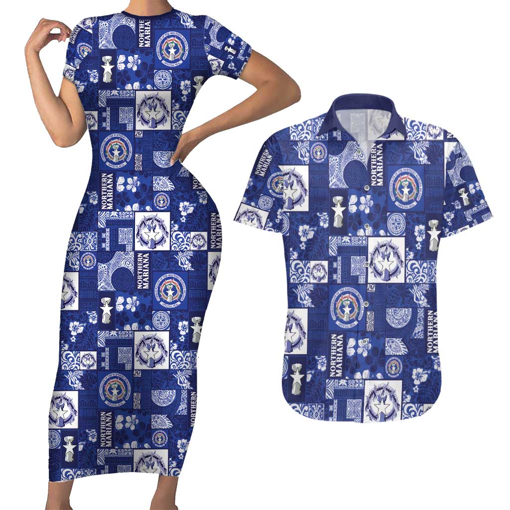 Northern Mariana Islands Magof Nochebuena Couples Matching Short Sleeve Bodycon Dress and Hawaiian Shirt Pacific Patchwork Xmas Vibes - Polynesian Pride