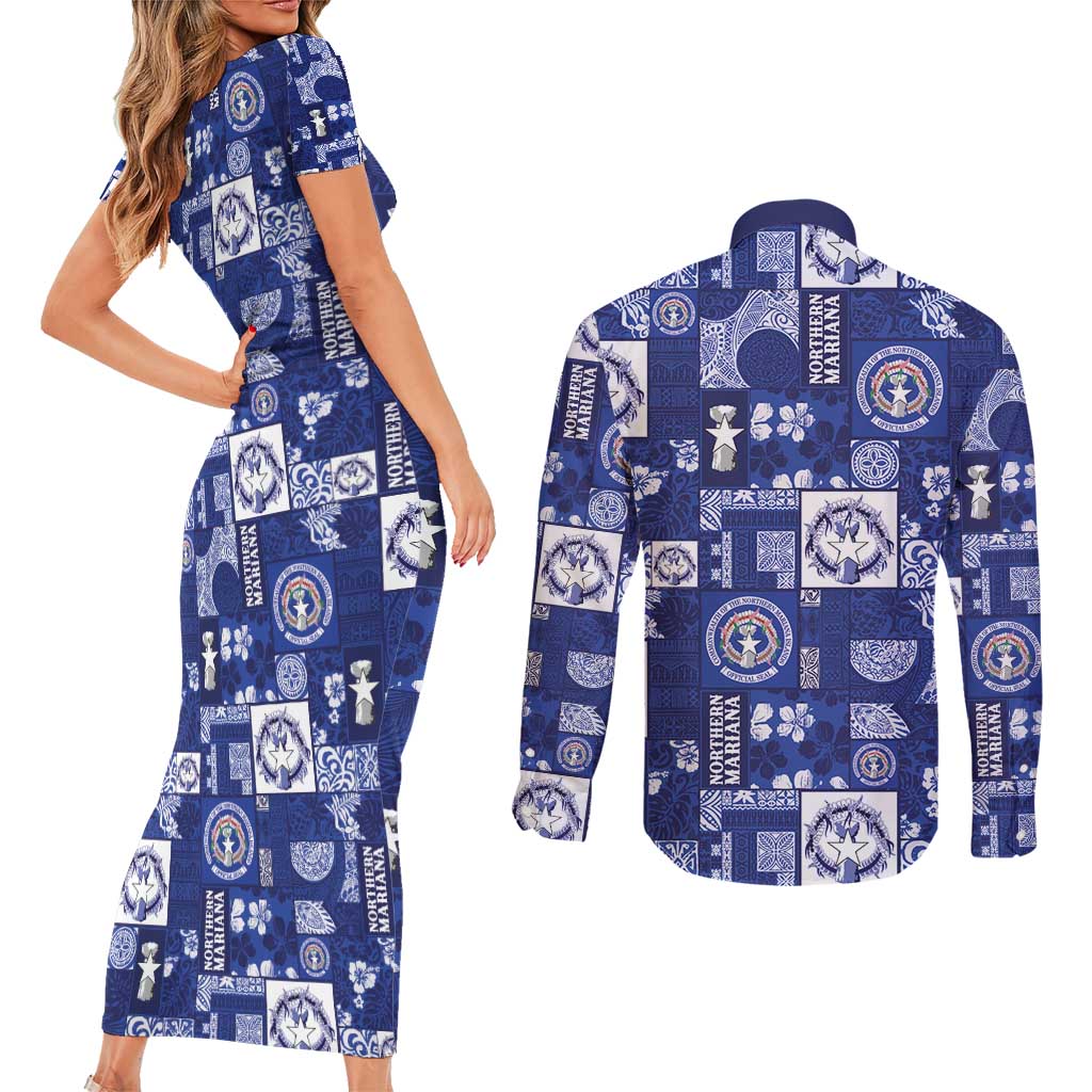 Northern Mariana Islands Magof Nochebuena Couples Matching Short Sleeve Bodycon Dress and Long Sleeve Button Shirt Pacific Patchwork Xmas Vibes - Polynesian Pride