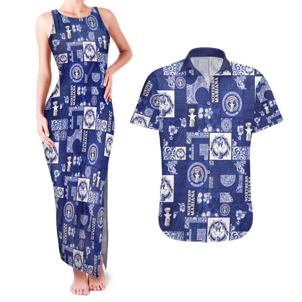 Northern Mariana Islands Magof Nochebuena Couples Matching Tank Maxi Dress and Hawaiian Shirt Pacific Patchwork Xmas Vibes - Polynesian Pride