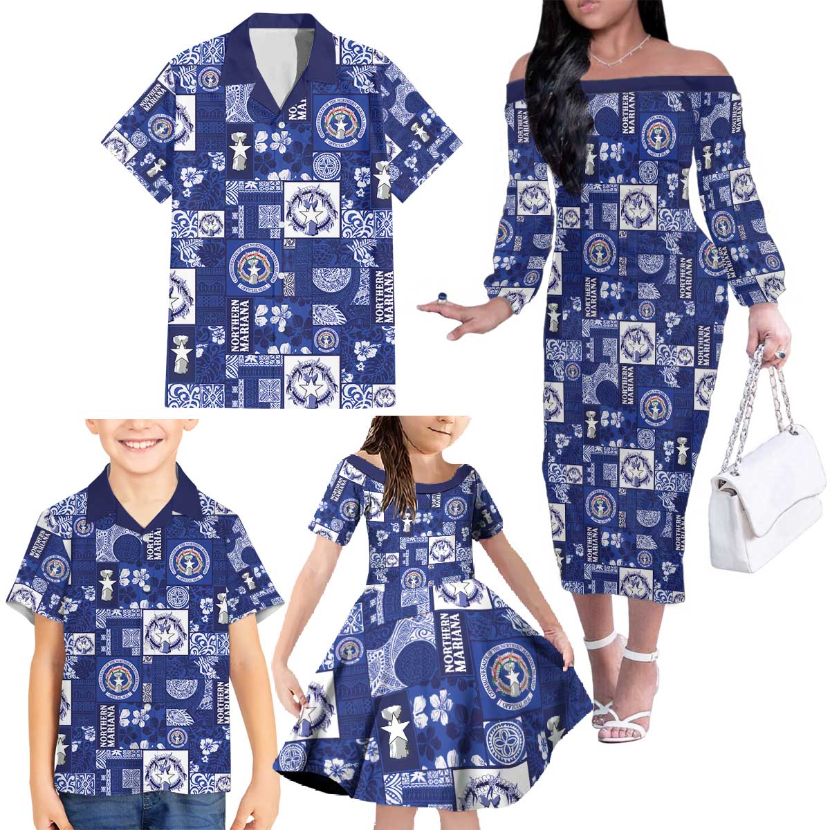 Northern Mariana Islands Magof Nochebuena Family Matching Off The Shoulder Long Sleeve Dress and Hawaiian Shirt Pacific Patchwork Xmas Vibes - Polynesian Pride