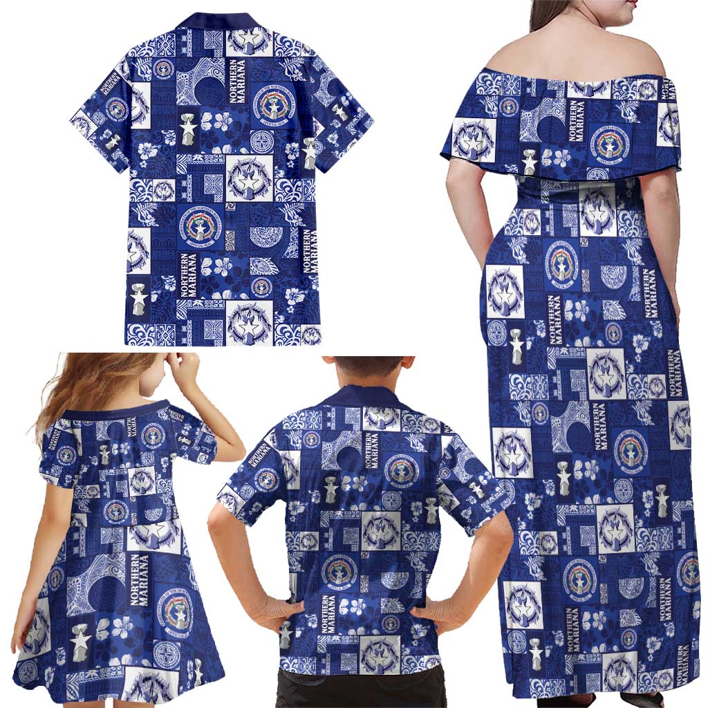 Northern Mariana Islands Magof Nochebuena Family Matching Off Shoulder Maxi Dress and Hawaiian Shirt Pacific Patchwork Xmas Vibes - Polynesian Pride