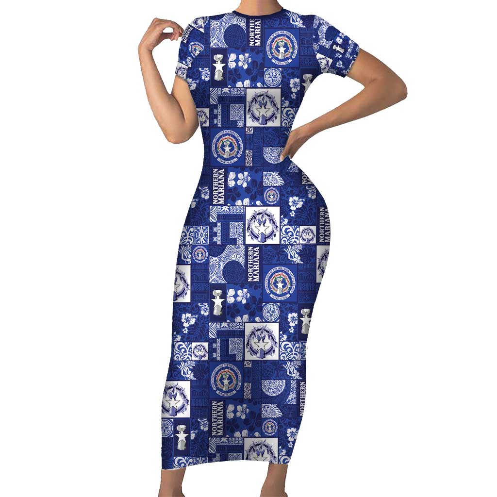 Northern Mariana Islands Magof Nochebuena Family Matching Short Sleeve Bodycon Dress and Hawaiian Shirt Pacific Patchwork Xmas Vibes - Polynesian Pride