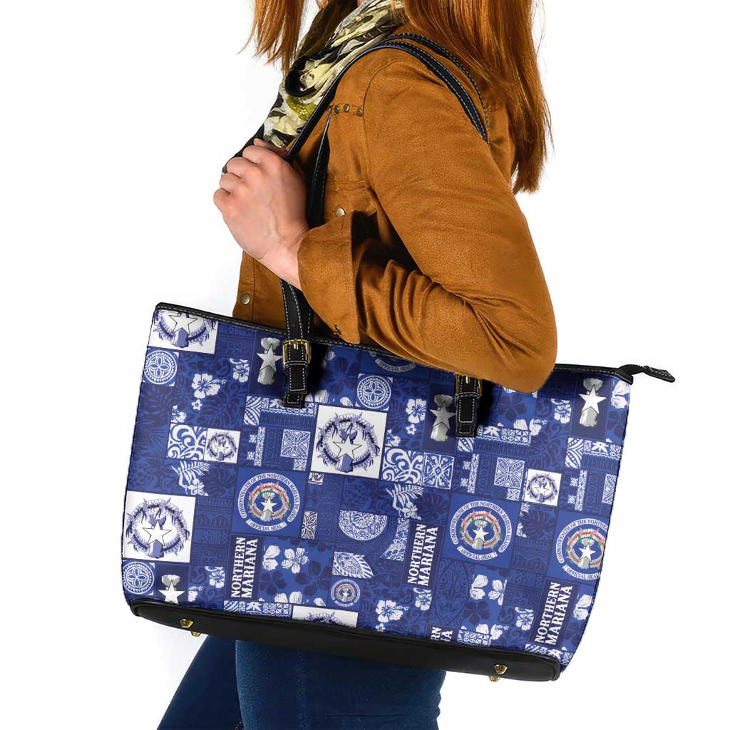 Northern Mariana Islands Magof Nochebuena Leather Tote Bag Pacific Patchwork Xmas Vibes - Polynesian Pride