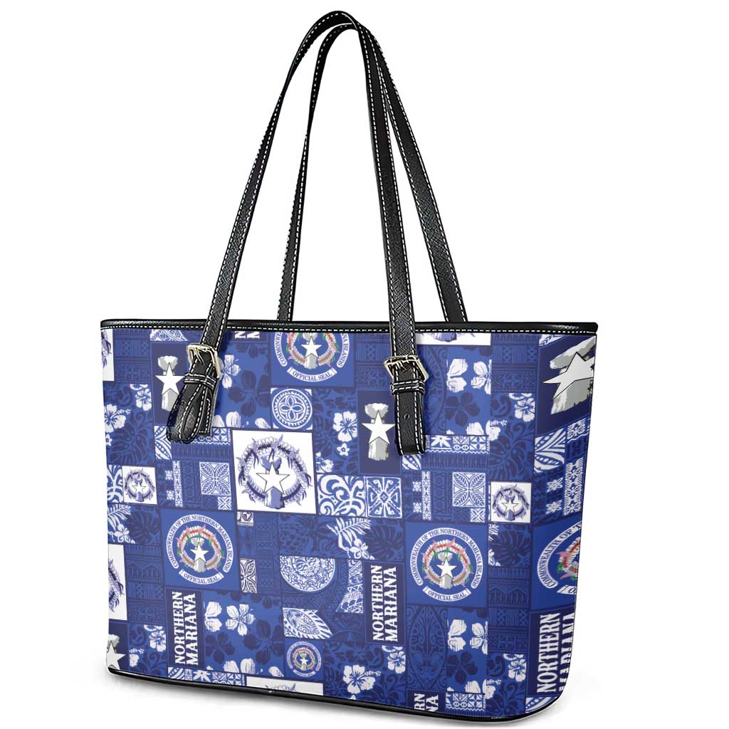 Northern Mariana Islands Magof Nochebuena Leather Tote Bag Pacific Patchwork Xmas Vibes - Polynesian Pride