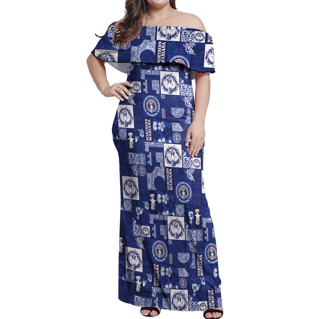 Northern Mariana Islands Magof Nochebuena Off Shoulder Maxi Dress Pacific Patchwork Xmas Vibes - Polynesian Pride