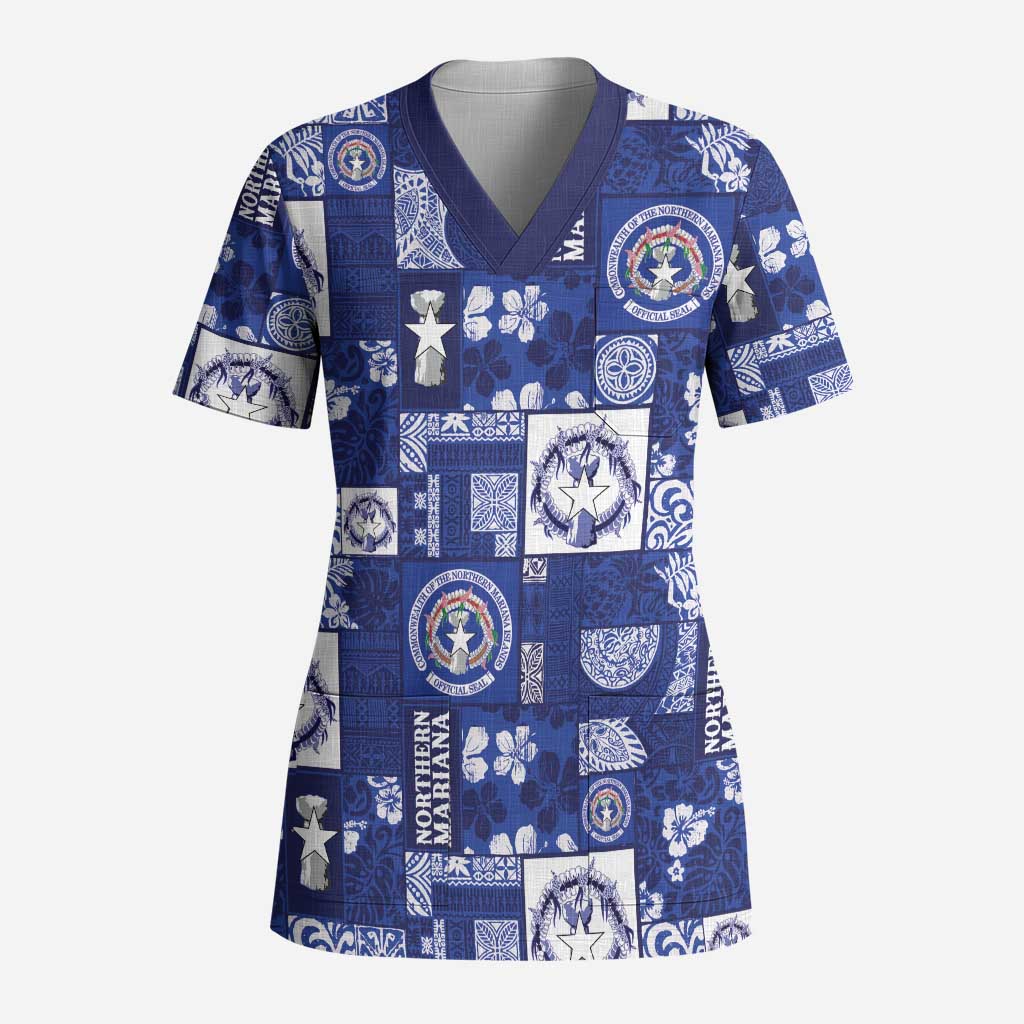 Northern Mariana Islands Magof Nochebuena Scrub Top Pacific Patchwork Xmas Vibes - Polynesian Pride