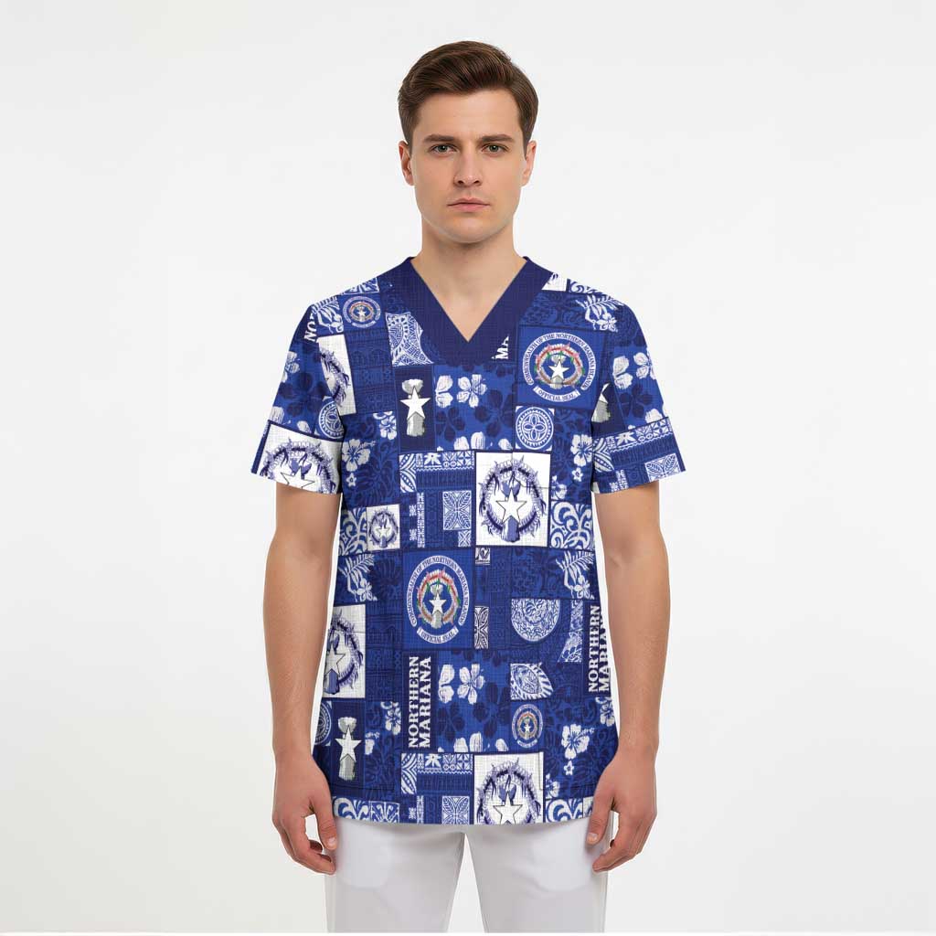 Northern Mariana Islands Magof Nochebuena Scrub Top Pacific Patchwork Xmas Vibes - Polynesian Pride