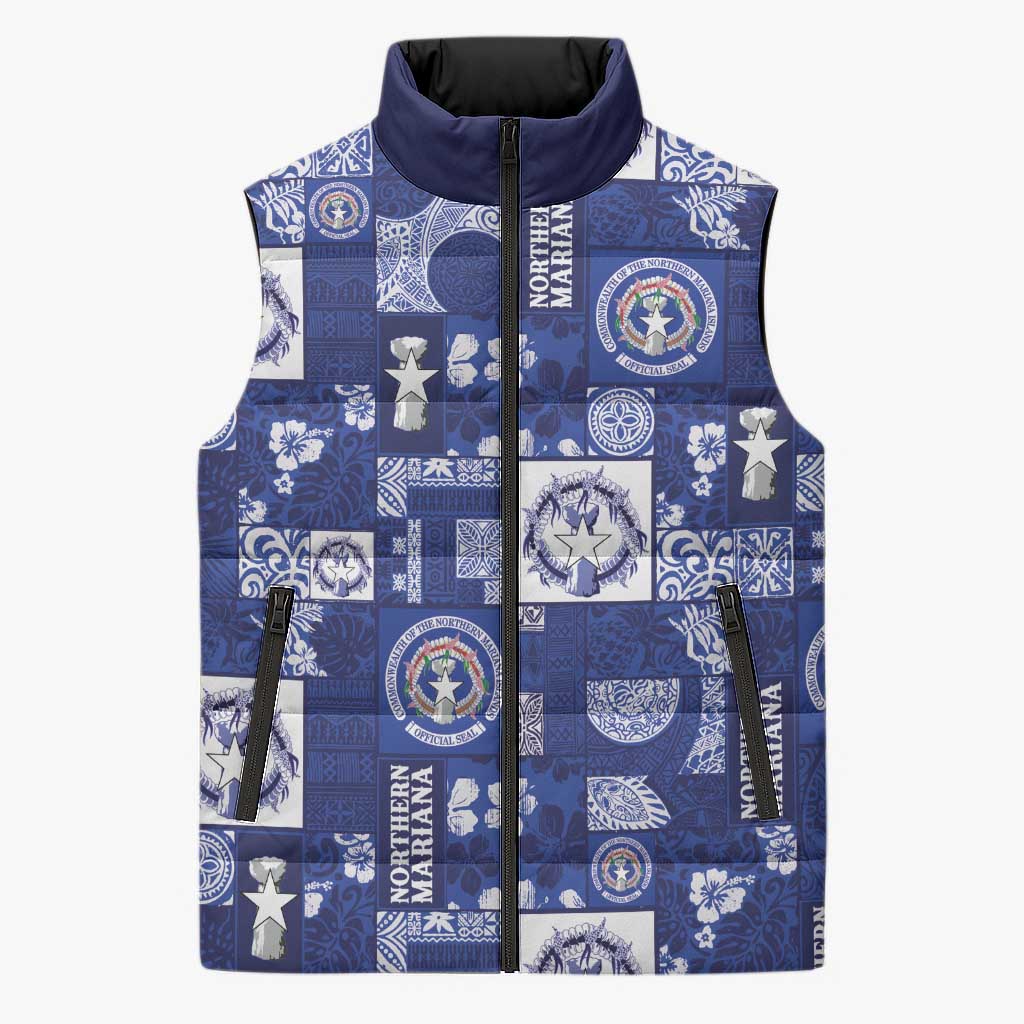 Northern Mariana Islands Magof Nochebuena Sleeveless Puffer Jacket Pacific Patchwork Xmas Vibes - Polynesian Pride