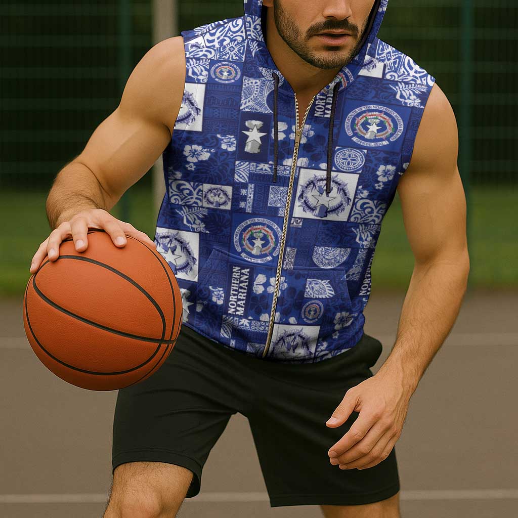 Northern Mariana Islands Magof Nochebuena Sleeveless Zip Hoodie Pacific Patchwork Xmas Vibes - Polynesian Pride