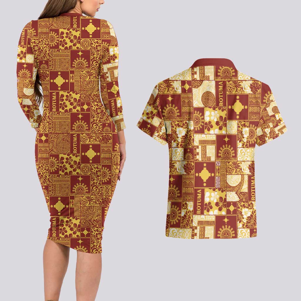 Rotuma Faiakse'ea 'e Kirisimasi Couples Matching Long Sleeve Bodycon Dress and Hawaiian Shirt Pacific Patchwork Xmas Vibes - Polynesian Pride