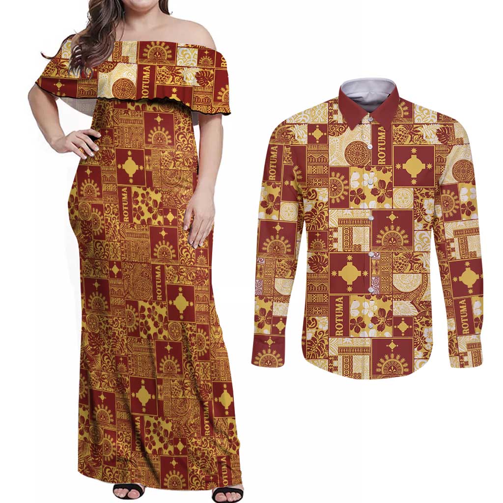 Rotuma Faiakse'ea 'e Kirisimasi Couples Matching Off Shoulder Maxi Dress and Long Sleeve Button Shirt Pacific Patchwork Xmas Vibes - Polynesian Pride
