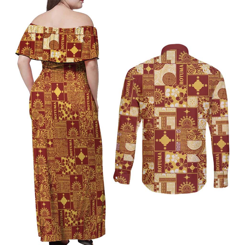 Rotuma Faiakse'ea 'e Kirisimasi Couples Matching Off Shoulder Maxi Dress and Long Sleeve Button Shirt Pacific Patchwork Xmas Vibes - Polynesian Pride