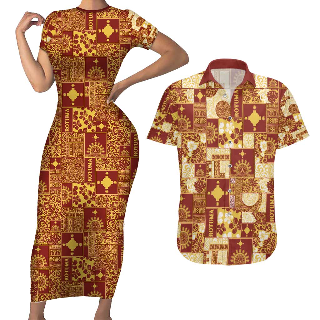 Rotuma Faiakse'ea 'e Kirisimasi Couples Matching Short Sleeve Bodycon Dress and Hawaiian Shirt Pacific Patchwork Xmas Vibes - Polynesian Pride