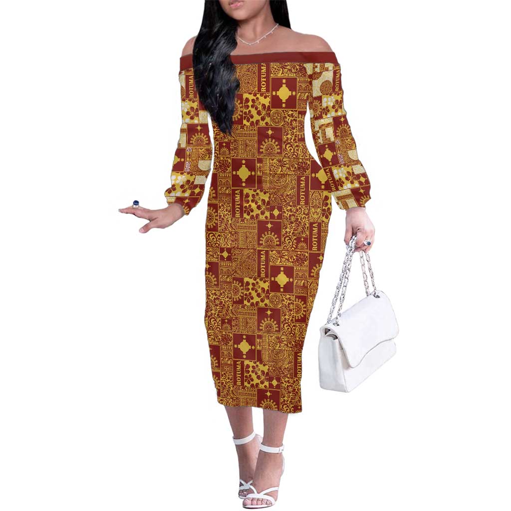 Rotuma Faiakse'ea 'e Kirisimasi Family Matching Off The Shoulder Long Sleeve Dress and Hawaiian Shirt Pacific Patchwork Xmas Vibes LT9 Mom's Dress Red - Polynesian Pride