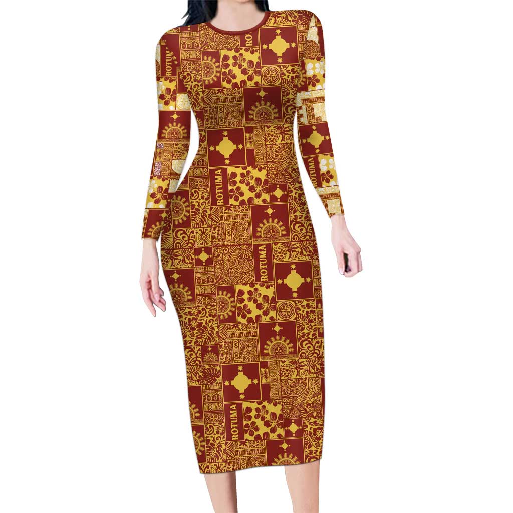 Rotuma Faiakse'ea 'e Kirisimasi Long Sleeve Bodycon Dress Pacific Patchwork Xmas Vibes - Polynesian Pride