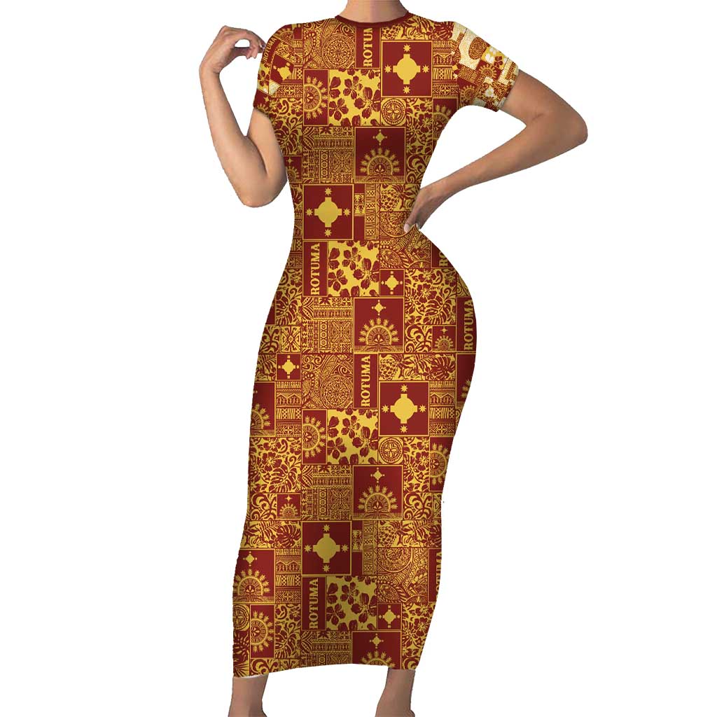 Rotuma Faiakse'ea 'e Kirisimasi Short Sleeve Bodycon Dress Pacific Patchwork Xmas Vibes - Polynesian Pride