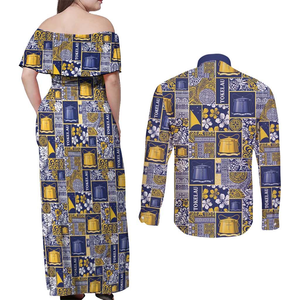 Tokelau Manuia te Kilihimahi Couples Matching Off Shoulder Maxi Dress and Long Sleeve Button Shirt Pacific Patchwork Xmas Vibes - Polynesian Pride