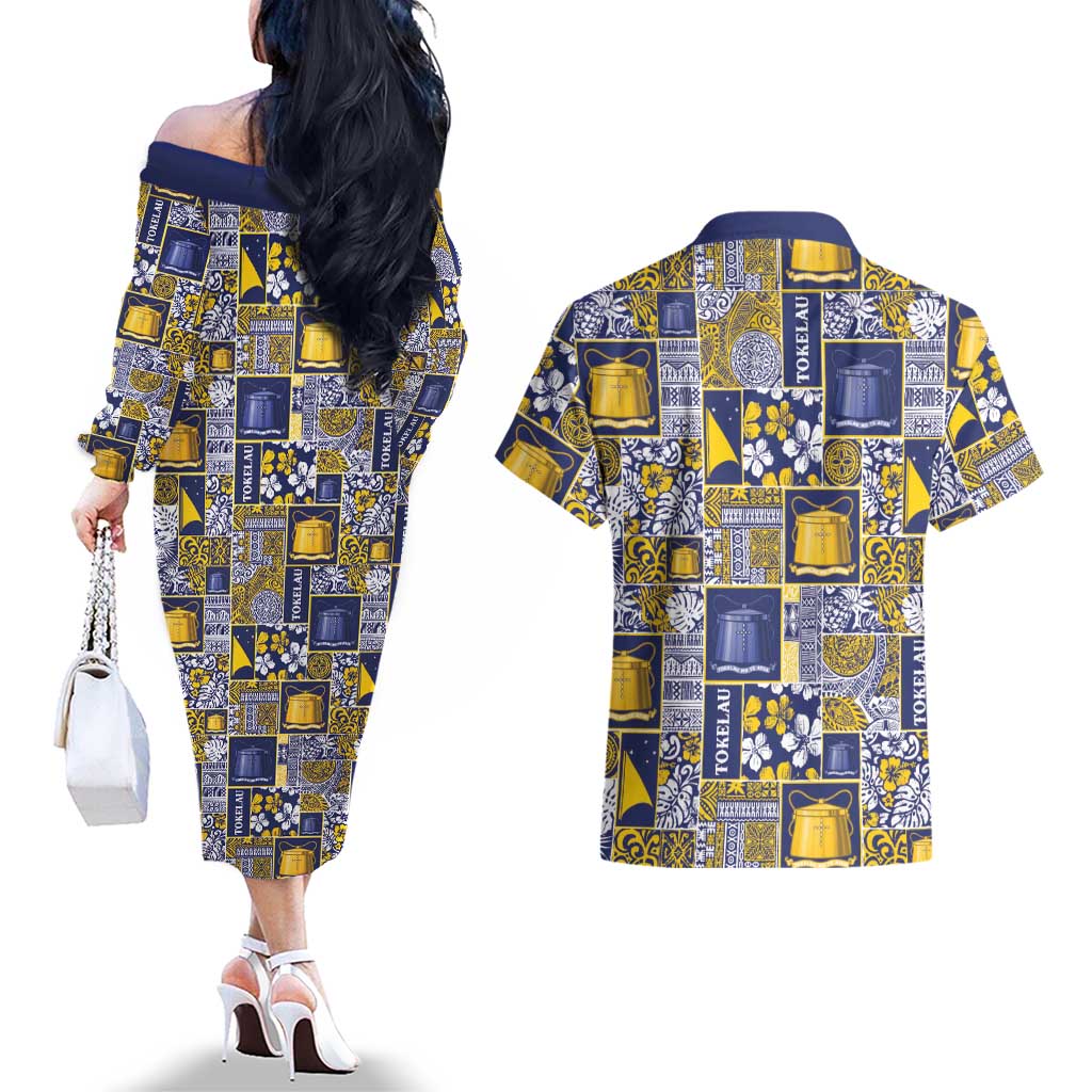 Tokelau Manuia te Kilihimahi Couples Matching Off The Shoulder Long Sleeve Dress and Hawaiian Shirt Pacific Patchwork Xmas Vibes - Polynesian Pride