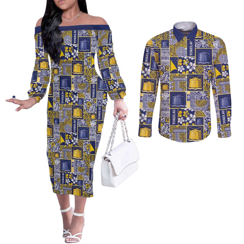 Tokelau Manuia te Kilihimahi Couples Matching Off The Shoulder Long Sleeve Dress and Long Sleeve Button Shirt Pacific Patchwork Xmas Vibes - Polynesian Pride