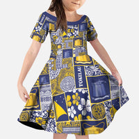 Tokelau Manuia te Kilihimahi Family Matching Short Sleeve Bodycon Dress and Hawaiian Shirt Pacific Patchwork Xmas Vibes LT9 Daughter's Dress Blue - Polynesian Pride