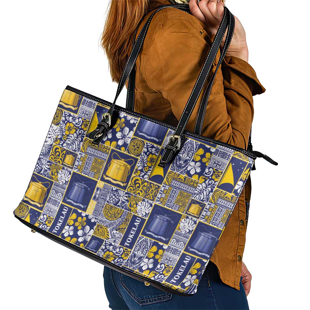 Tokelau Manuia te Kilihimahi Leather Tote Bag Pacific Patchwork Xmas Vibes - Polynesian Pride