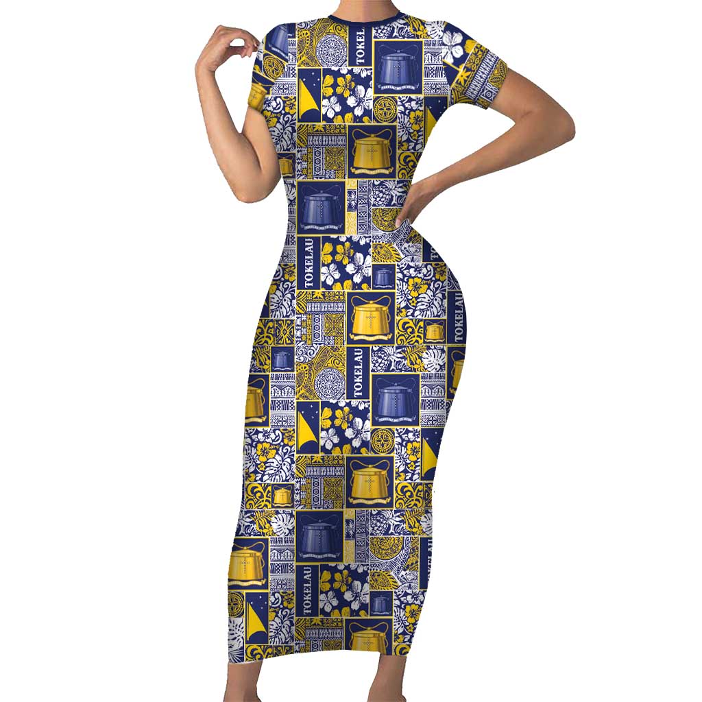 Tokelau Manuia te Kilihimahi Short Sleeve Bodycon Dress Pacific Patchwork Xmas Vibes - Polynesian Pride