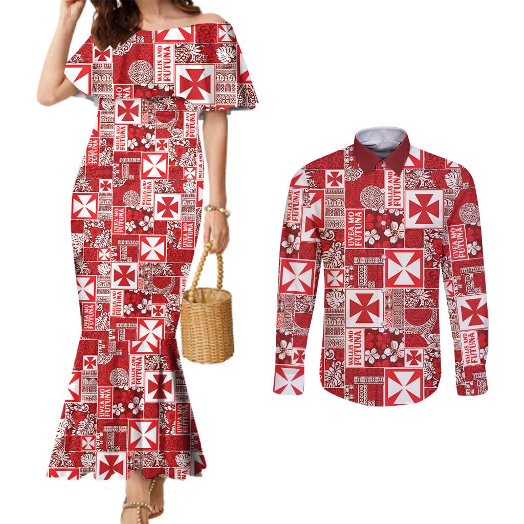 Wallis Et Futuna Kilisimasi Fiefia Couples Matching Mermaid Dress and Long Sleeve Button Shirt Pacific Patchwork Xmas Vibes LT9 Red - Polynesian Pride