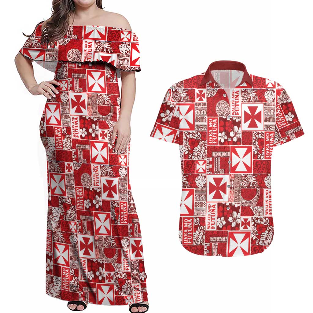 Wallis Et Futuna Kilisimasi Fiefia Couples Matching Off Shoulder Maxi Dress and Hawaiian Shirt Pacific Patchwork Xmas Vibes LT9 Red - Polynesian Pride