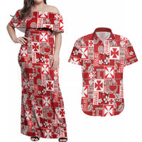 Wallis Et Futuna Kilisimasi Fiefia Couples Matching Off Shoulder Maxi Dress and Hawaiian Shirt Pacific Patchwork Xmas Vibes LT9 Red - Polynesian Pride